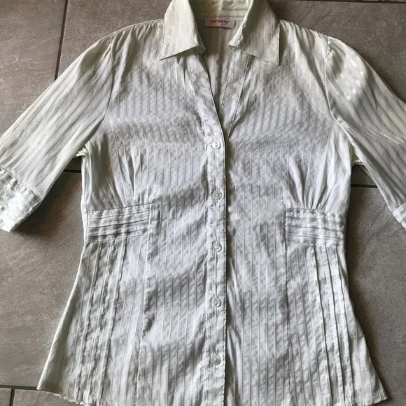 White green stripes fitted stretchy shirt sleeve blouse S - Picture 10 of 11
